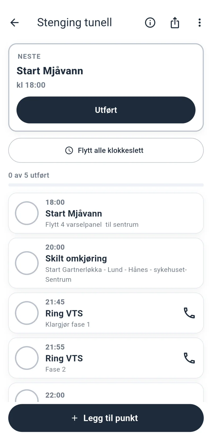 Huskelisten Stenging tunnell med neste punkt øverst og en knapp Utført, en liste med klokkeslett, punkter og telefonknapper, og knappen Flytt alle klokkeslett.