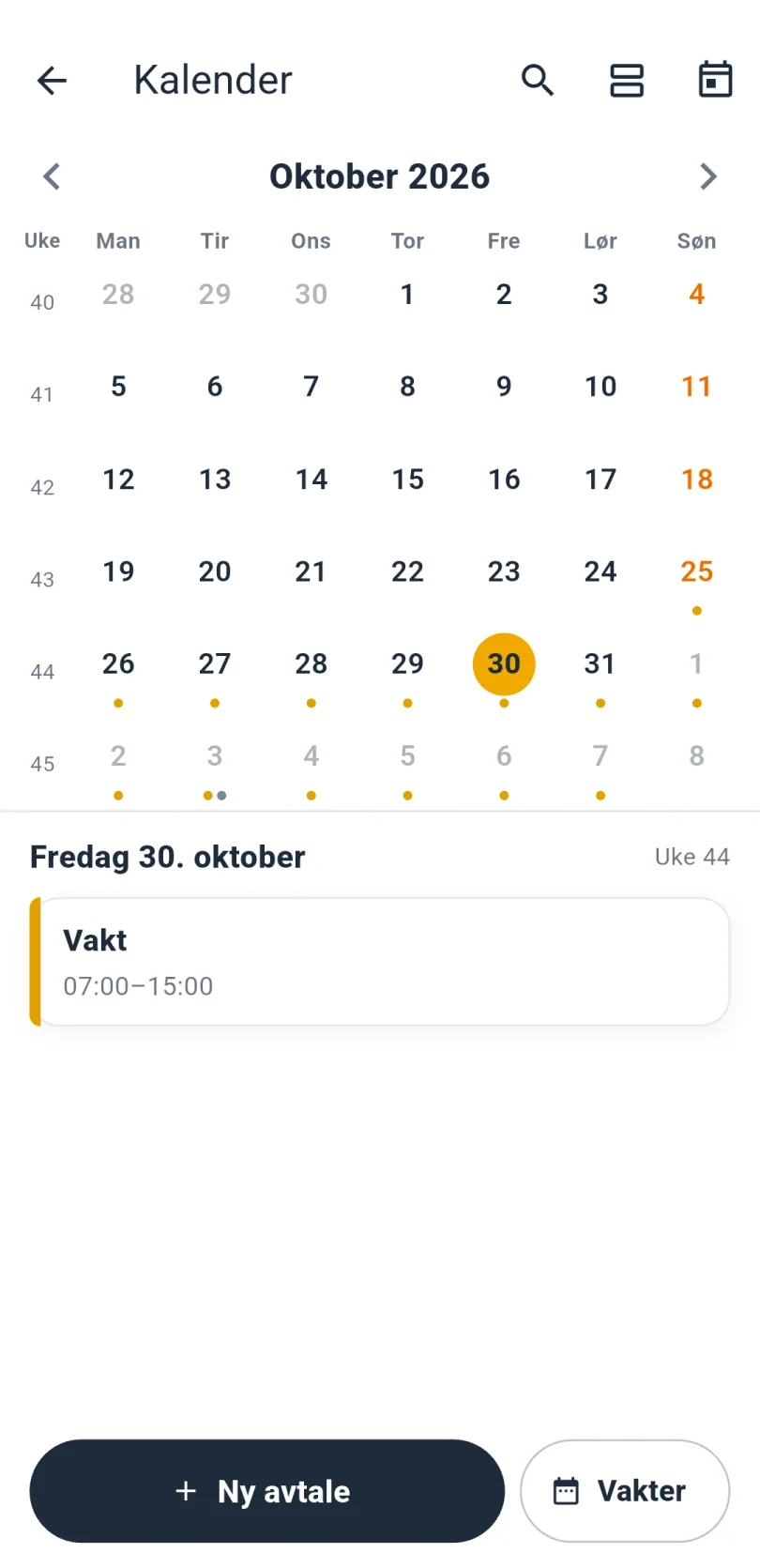 Kalenderen for oktober 2026 med en markert dag, en oversikt over dagens avtale (Vakt) og knappene Ny avtale og Vakter.