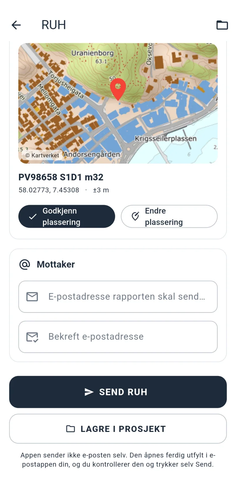 Nedre del av RUH-skjemaet med et kart over hendelsesstedet, vegreferansen PV98658 S1D1 m32, knappene Godkjenn plassering og Endre plassering, feltene for mottaker og e-postadresse og knappene Send RUH og Lagre i prosjekt.