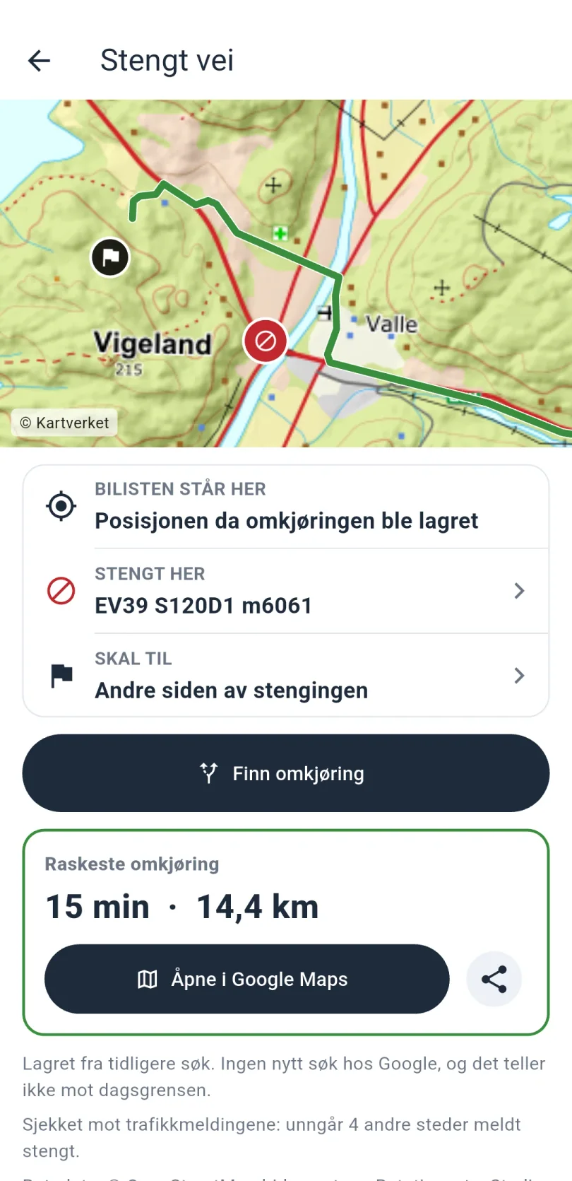 Skjermen Stengt vei med et kart over stedet, steder for bilisten, stengingen og målet, knappen Finn omkjøring og et resultat som viser raskeste omkjøring på 15 minutter og 14,4 kilometer, med knappene Åpne i Google Maps og Del.